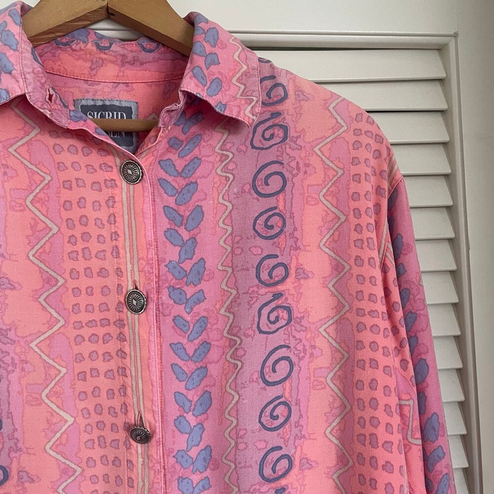 VTG 90s Sigrid Olsen Pink Abstract Print Button Down S Boho Retro Artsy Festival - Picture 4 of 13